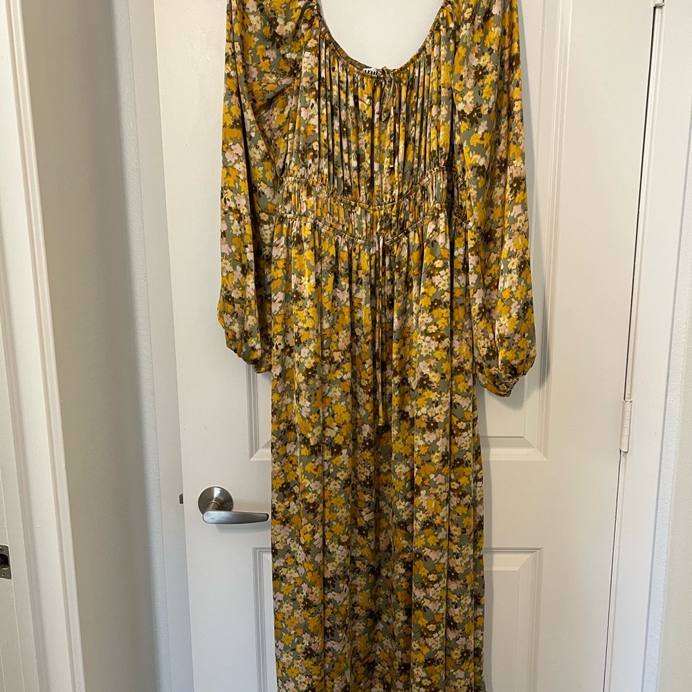 ARULA Mustard Floral Maxi Dress (satin)